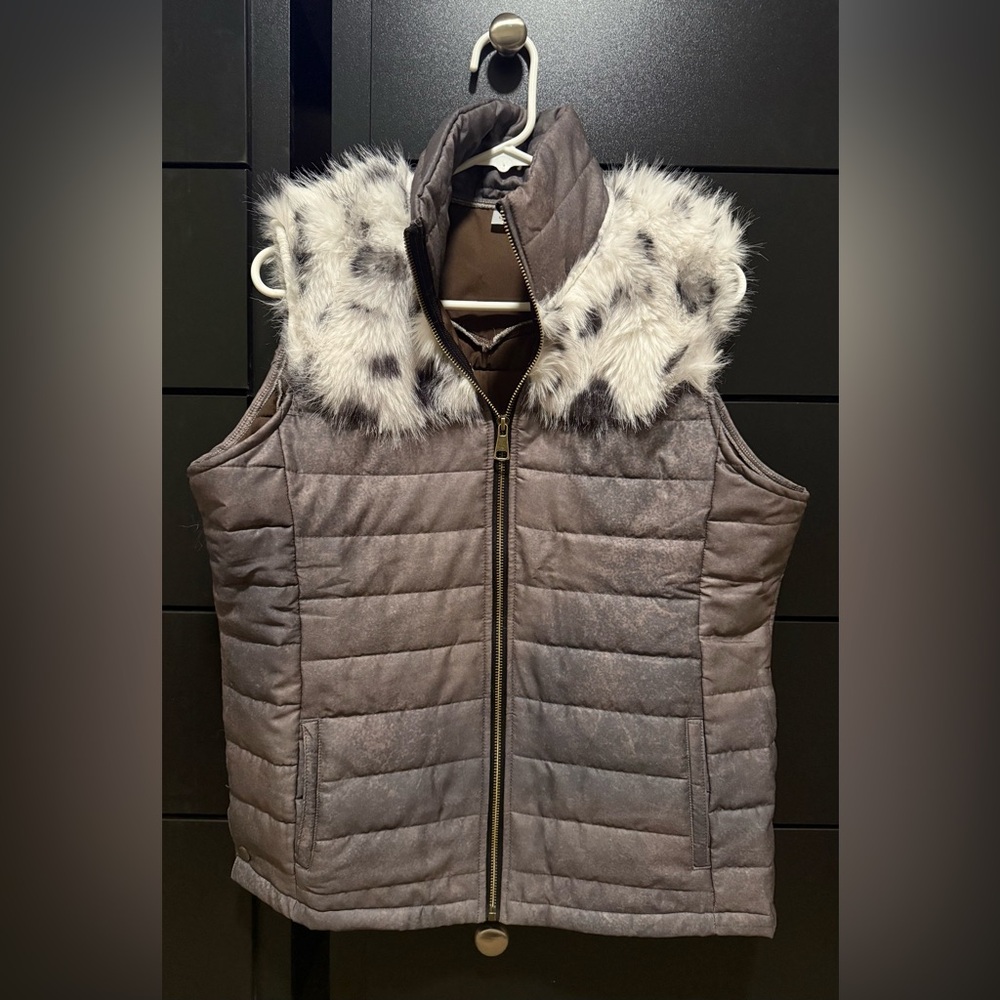 Heathered Grey Puffer Vest with Faux Fur Collar